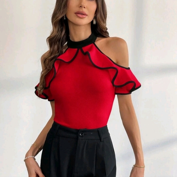 Women's Elegant Commuter Color-Block Ruffle Ruffle Short Sleeve T-Shirt - Picture 3 of 6